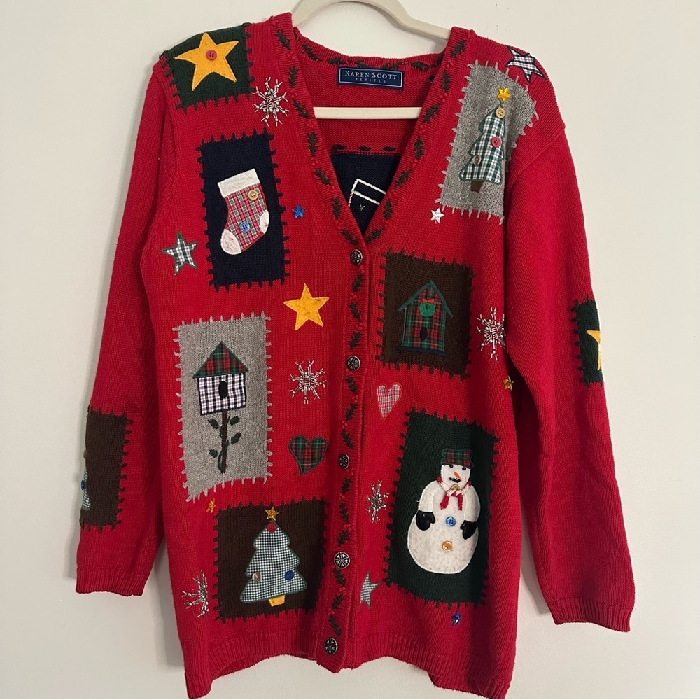 Karen Scott Christmas Embellished Sweater Festive - Petite Medium - Grannycore